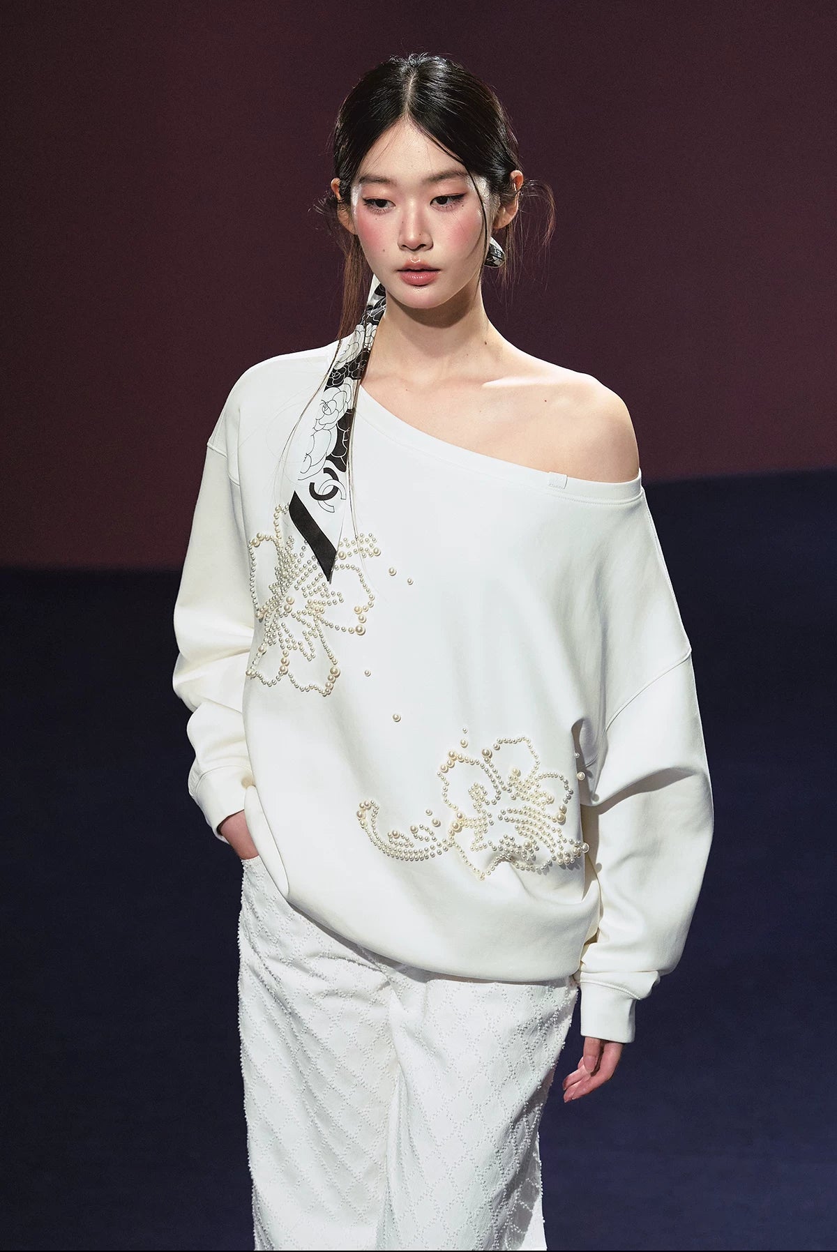 "Pearl Reverie" Pearl Embellished Convertible Off-Shoulder Sweatshirt (Red/ White)
