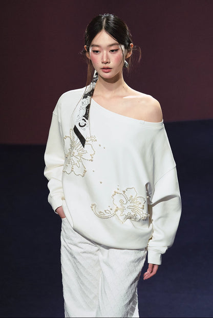 "Pearl Reverie" Pearl Embellished Convertible Off-Shoulder Sweatshirt (Red/ White)