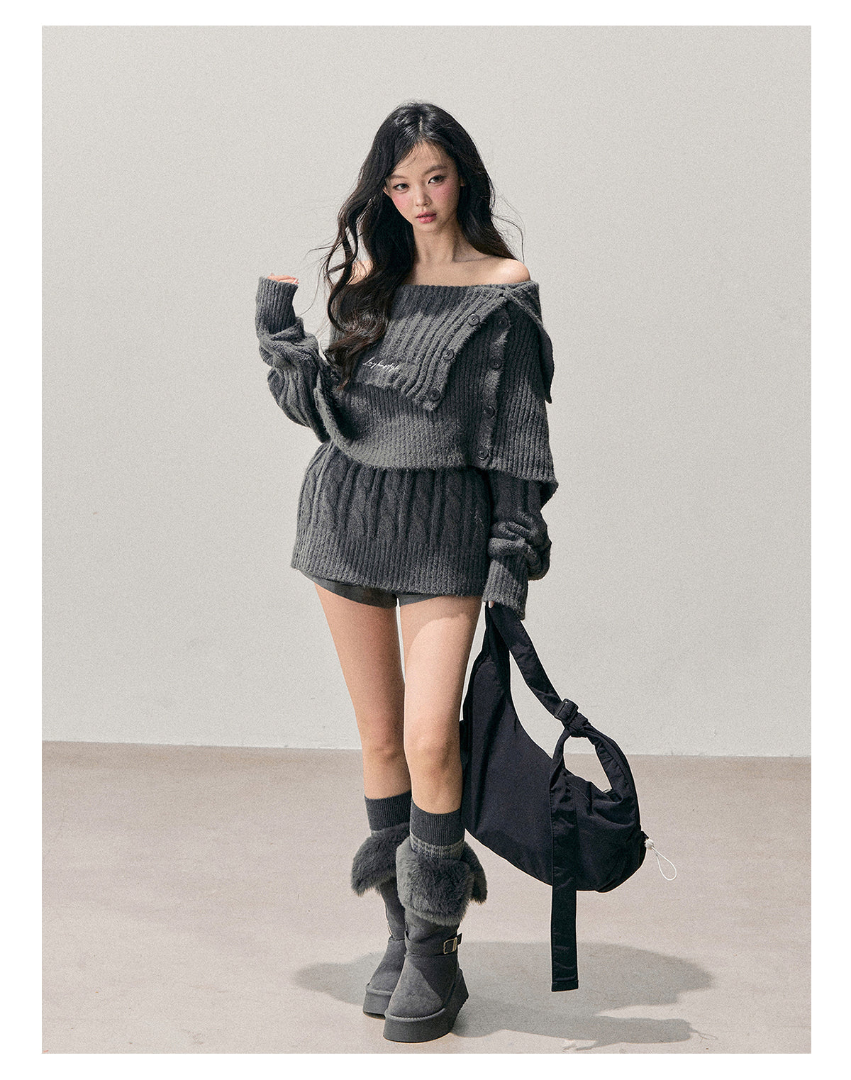 少也眼 “Falling Awake” Off-Shoulder Korean Knit Two-Piece Top with Shawl 9465