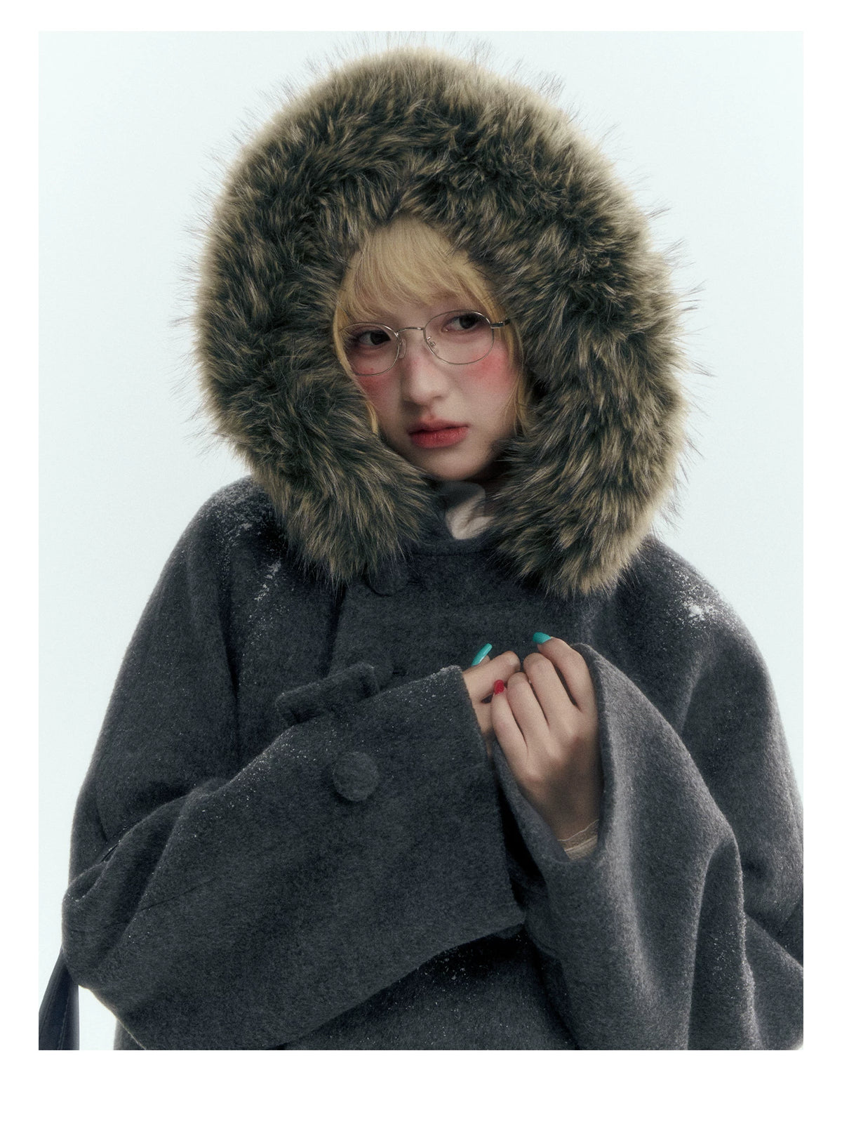 Japanese Hooded Double-Breasted Wool Coat (Deep Charcoal Gray / Taro Purple)
