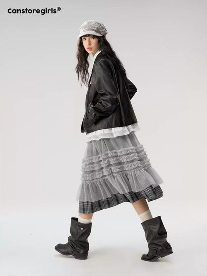 [CAN] "Gray Plaid Reverie" Gray Purple Plaid Mesh Layered Midi Skirt