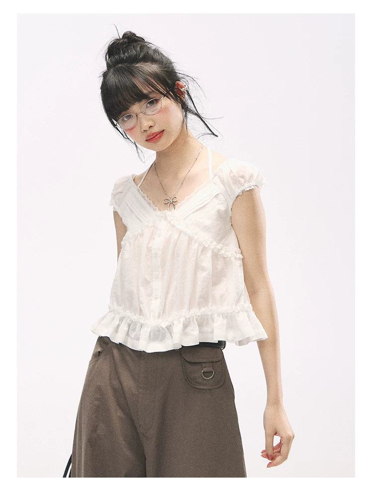 "French Meadow Romance" Ivory Lace Trim Halter Tie V-Neck Cotton Blouse
