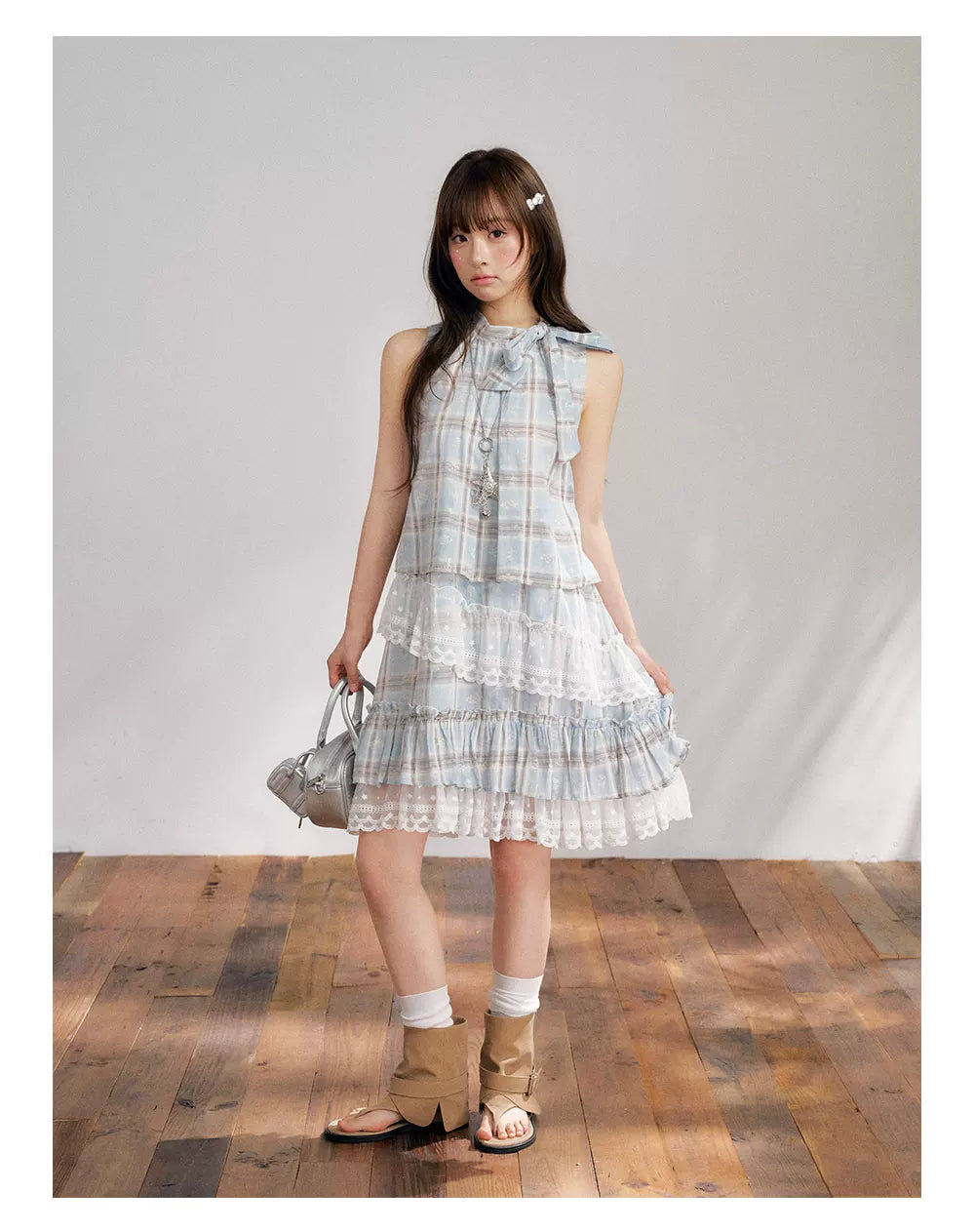 “Berry Fairytale Sonata” Misty Blue Ribbon Neck Lace Dress