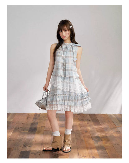 “Berry Fairytale Sonata” Misty Blue Ribbon Neck Lace Dress