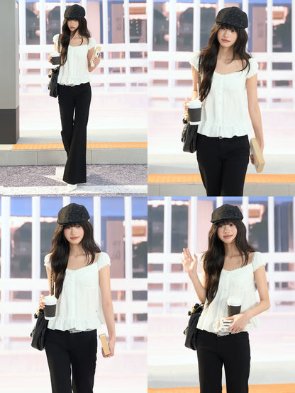 "Pure Arrival" White Square Neck Puff Sleeve Blouse