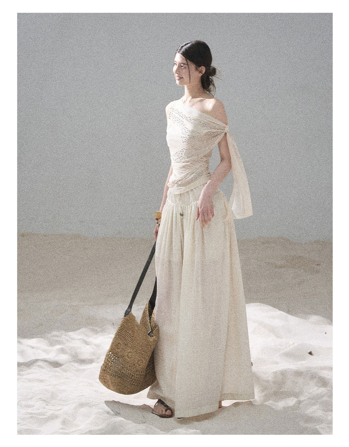 “Frosted Kiss” Milk Tea Tailored Wide-Leg Pants