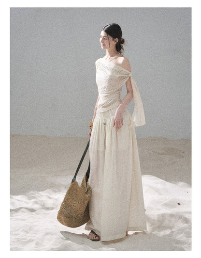 “Frosted Kiss” Milk Tea Tailored Wide-Leg Pants