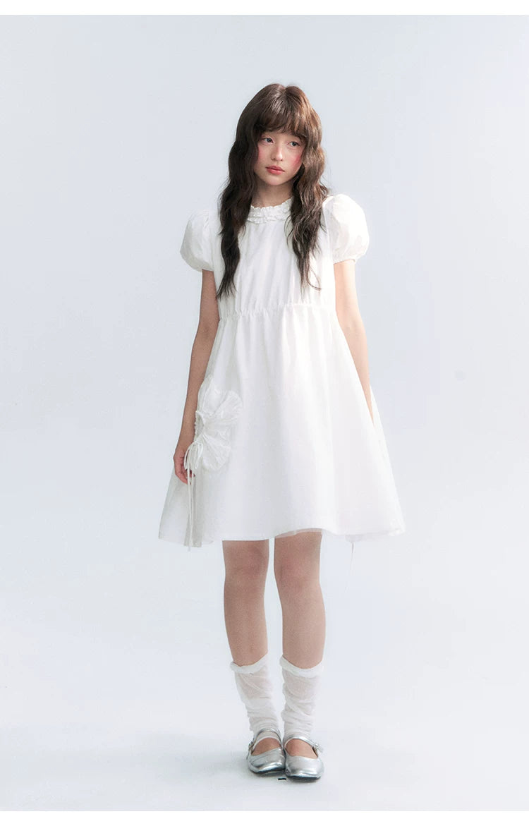 "Puff Doll Dress" Ruffle Trim Puff Sleeve Cotton A-Line Dress (White/ Black)