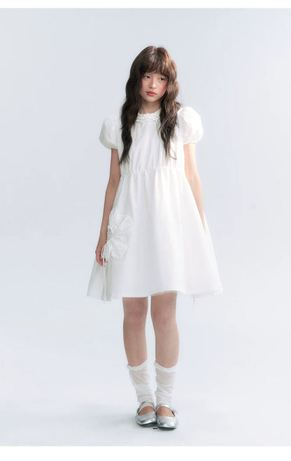 "Puff Doll Dress" Ruffle Trim Puff Sleeve Cotton A-Line Dress (White/ Black)