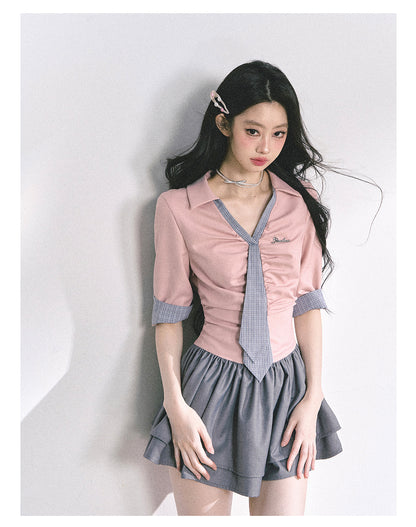少也眼 "London Chronicle" Structured Plaid Puff-Sleeve Mini Shirt Dress - Gray Pink