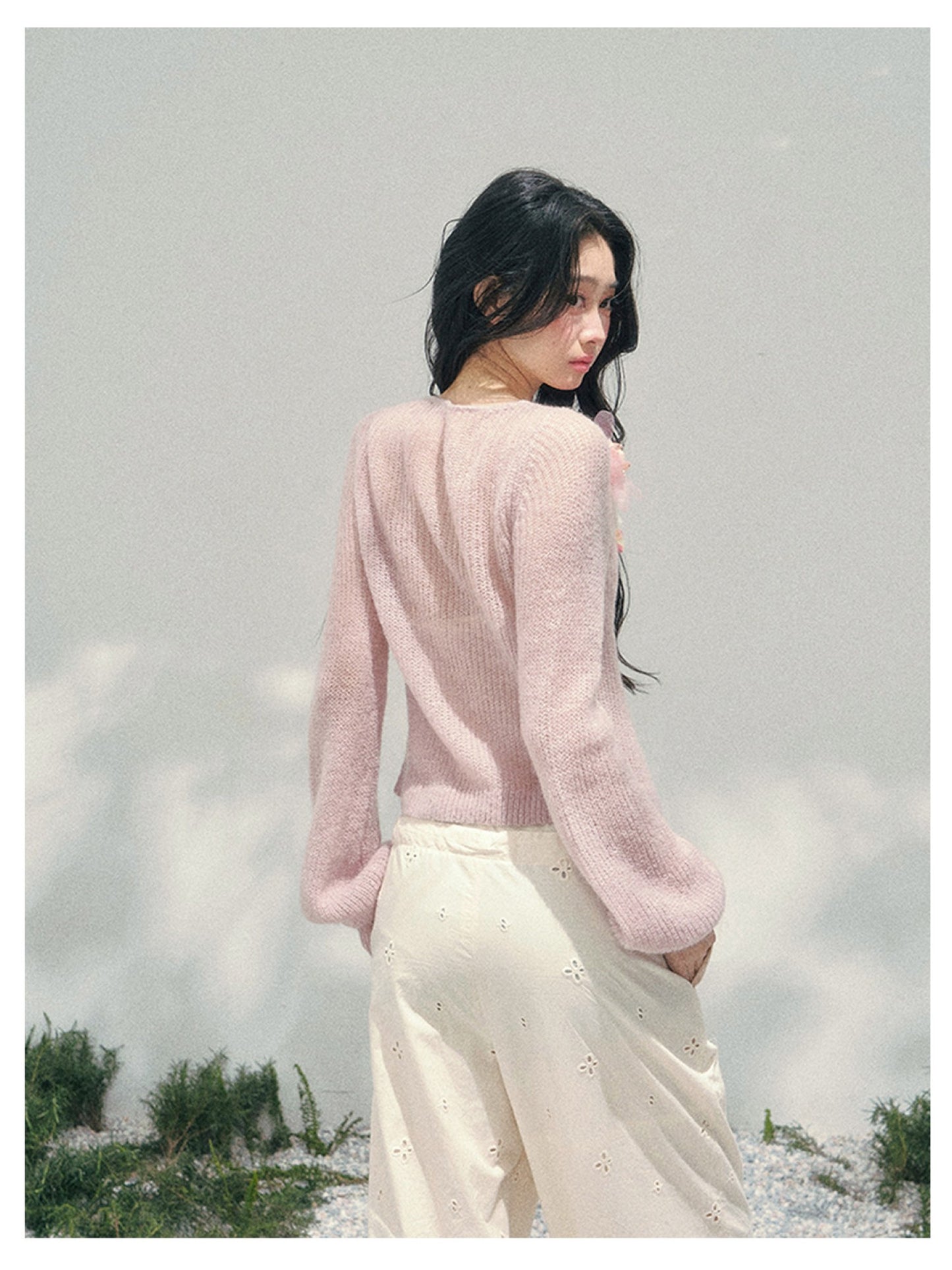 少也眼 “Spring Meadow Breeze” Floral-Embellished Mohair Knit Cardigan Set 5786998