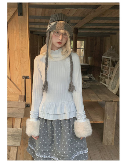 RF - Light Blue Ribbed Knit Top with Lace Collar and Double Ruffle Hem