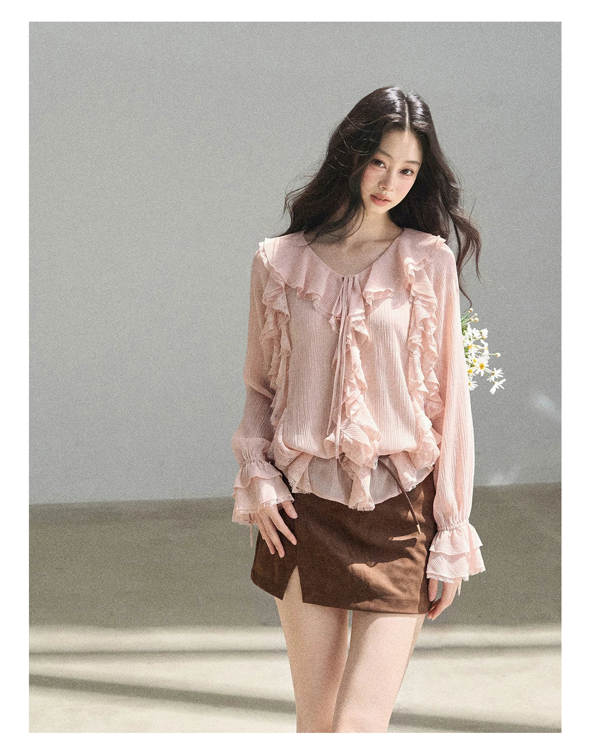 AOMALM - "A Featherlight Touch" French Camellia White Lace Chiffon Top with Belt (Camellia / Oatmeal / Cinnamon Pink)