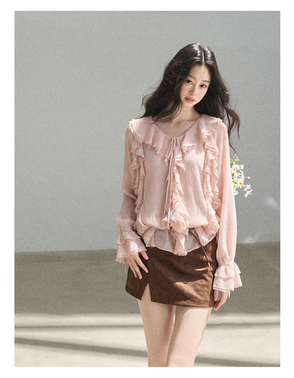 AOMALM - "A Featherlight Touch" French Camellia White Lace Chiffon Top with Belt (Camellia / Oatmeal / Cinnamon Pink)