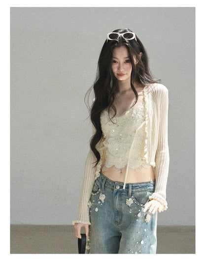 "Waiting for the Breeze" Apricot Lace Knit Cardigan & Cami Set