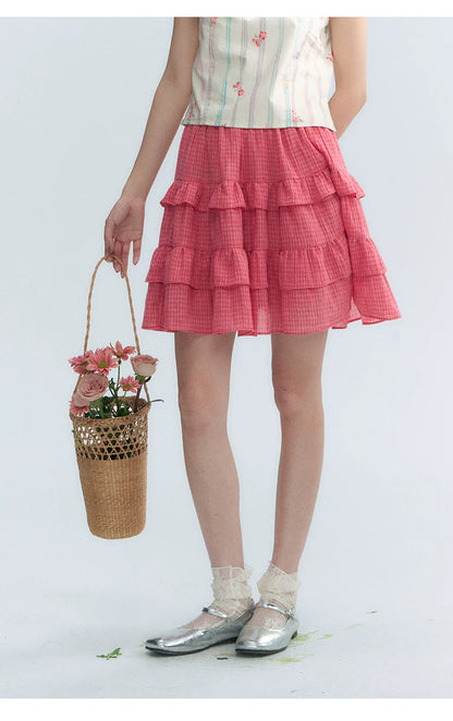 "Peach Blossom" Plum Pink Plaid Tiered A-Line Skirt