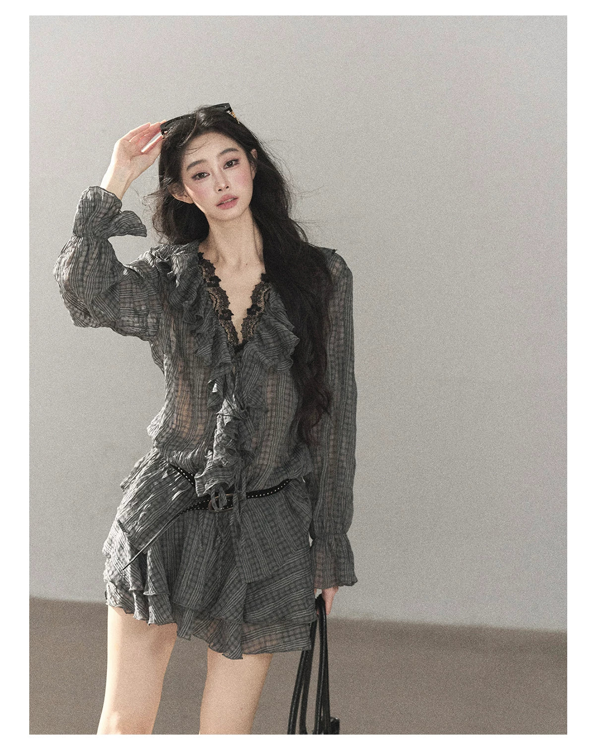 AOMALM - "Gray Check & Wild Wind" Ruffle Top & Mini Skirt Set (With Belt)