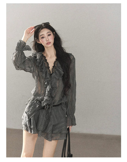 AOMALM - "Gray Check & Wild Wind" Ruffle Top & Mini Skirt Set (With Belt)