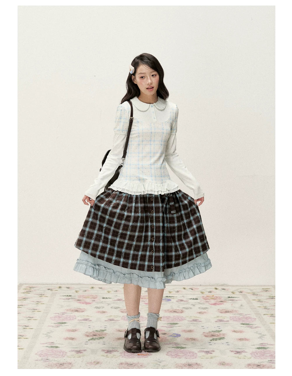 [RF] Blue & Brown Plaid Midi Skirt with Floral Buttons & Ruffle Trim