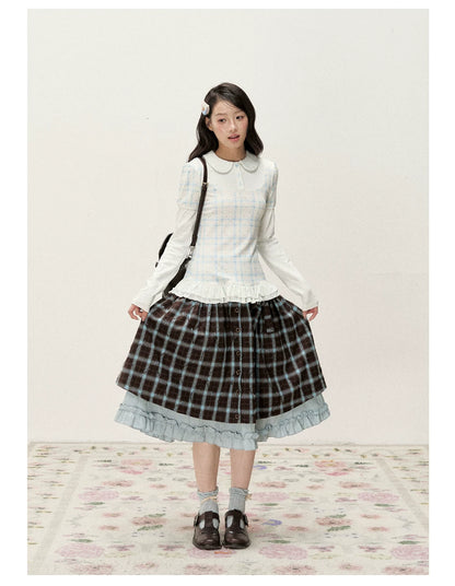 [RF] Blue & Brown Plaid Midi Skirt with Floral Buttons & Ruffle Trim
