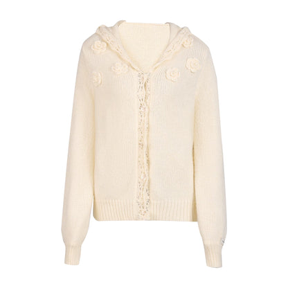 "Bloom Transit" Apricot Floral Hooded Knit Cardigan