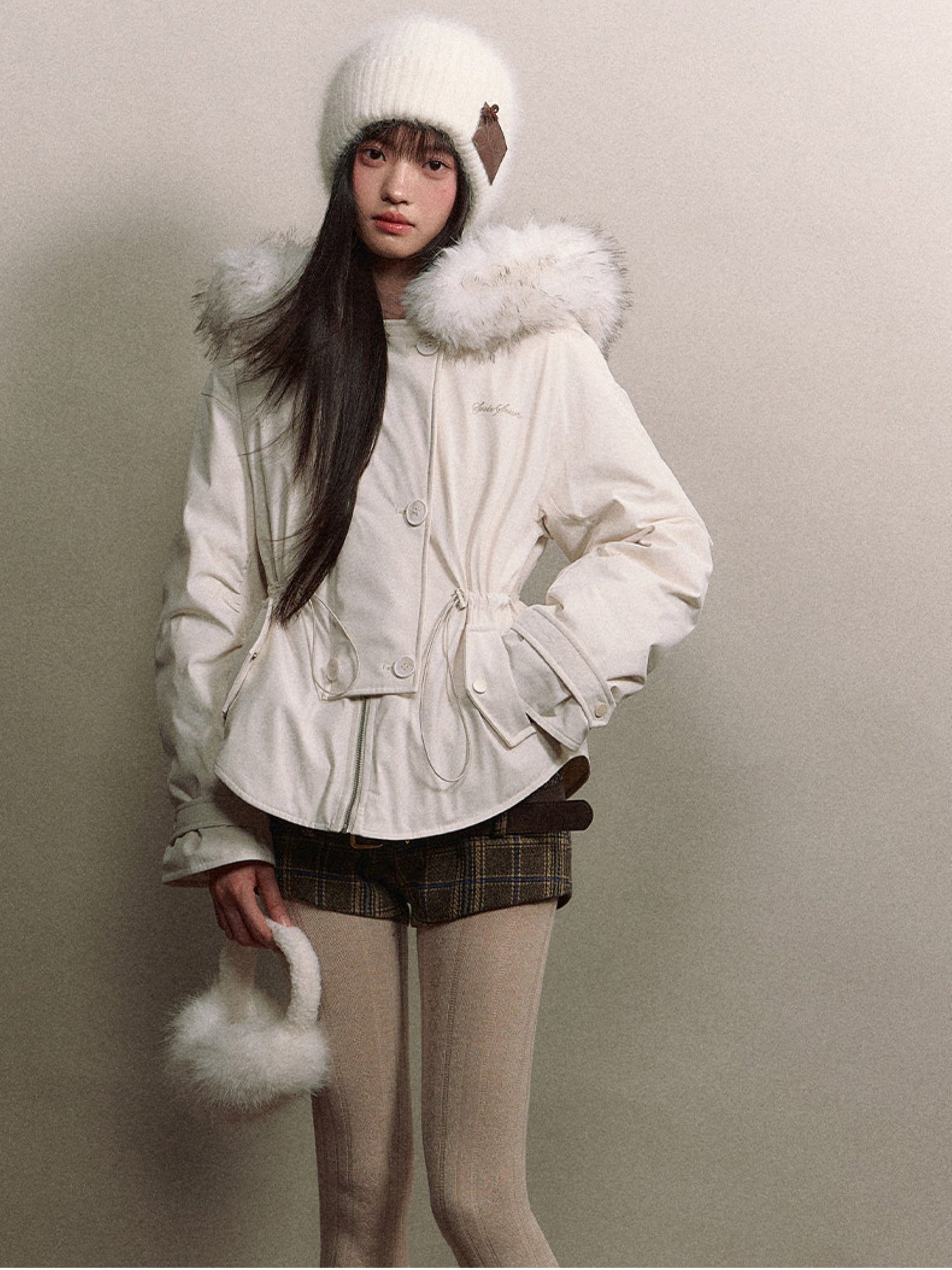 Soote Season - “Cloud Waistline” Cloud Mist White Faux Fur Collar Cinched Puffer Parka