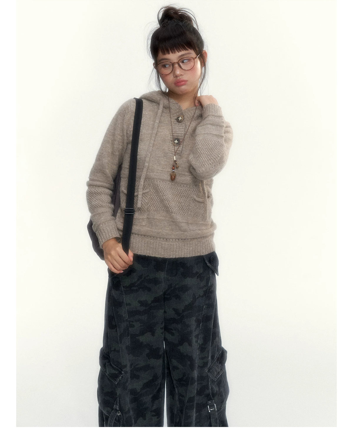 Oatmeal Ribbed-Hem Hooded Knit Sweater