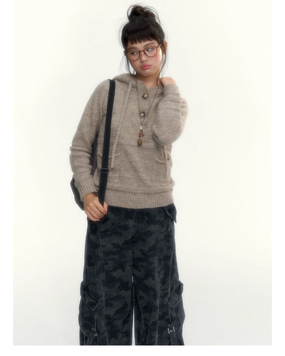 Oatmeal Ribbed-Hem Hooded Knit Sweater