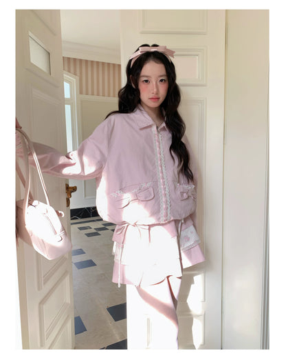 [RF] “Blush Meadow” White & Pink Floral Reversible Jacket and Mini Skirt Set