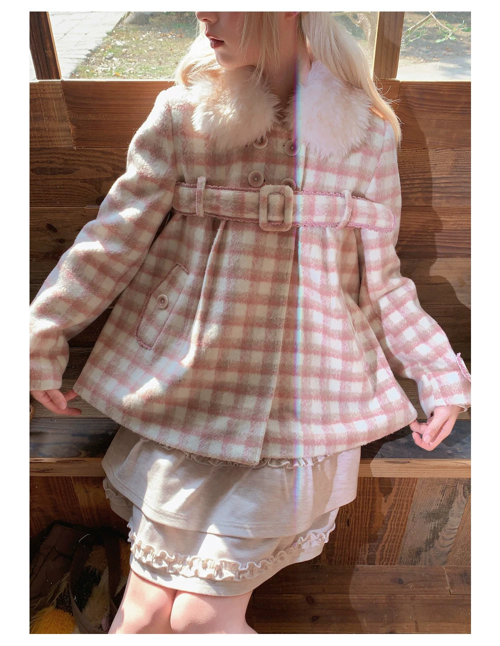 RF - Dusty Pink Plaid Wool-Look Coat with Detachable Fur Collar