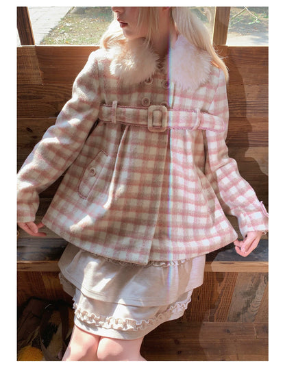 RF - Dusty Pink Plaid Wool-Look Coat with Detachable Fur Collar