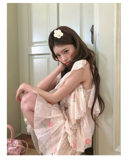“Cloud Ruffle Reverie” Cream Apricot Floral Ruffle Dress