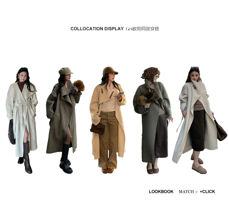 QuQuOuYang - 100% Wool Double-Face Belted Coat with Convertible Collar