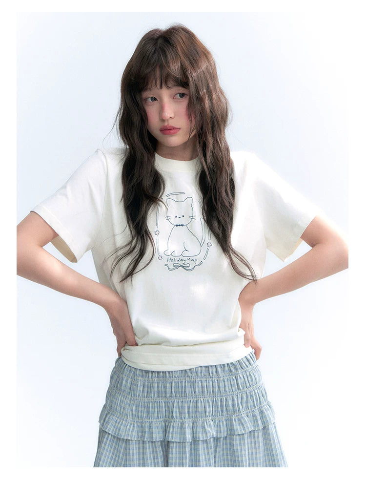 "Garden Kitty" Ivory Embroidered Cat Cotton T-Shirt