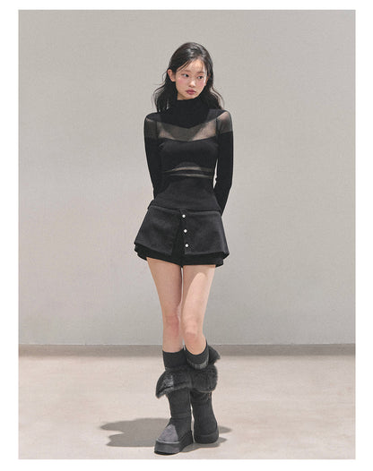少也眼 “Whisper of Nightfall” Sheer-Panel Mock-Neck Knit Tee - Black 11.18-4