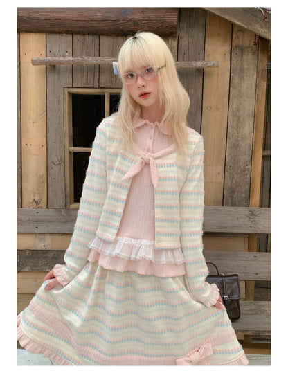 RF - Candy Stripe Floral Knit Cardigan and Midi Skirt Set