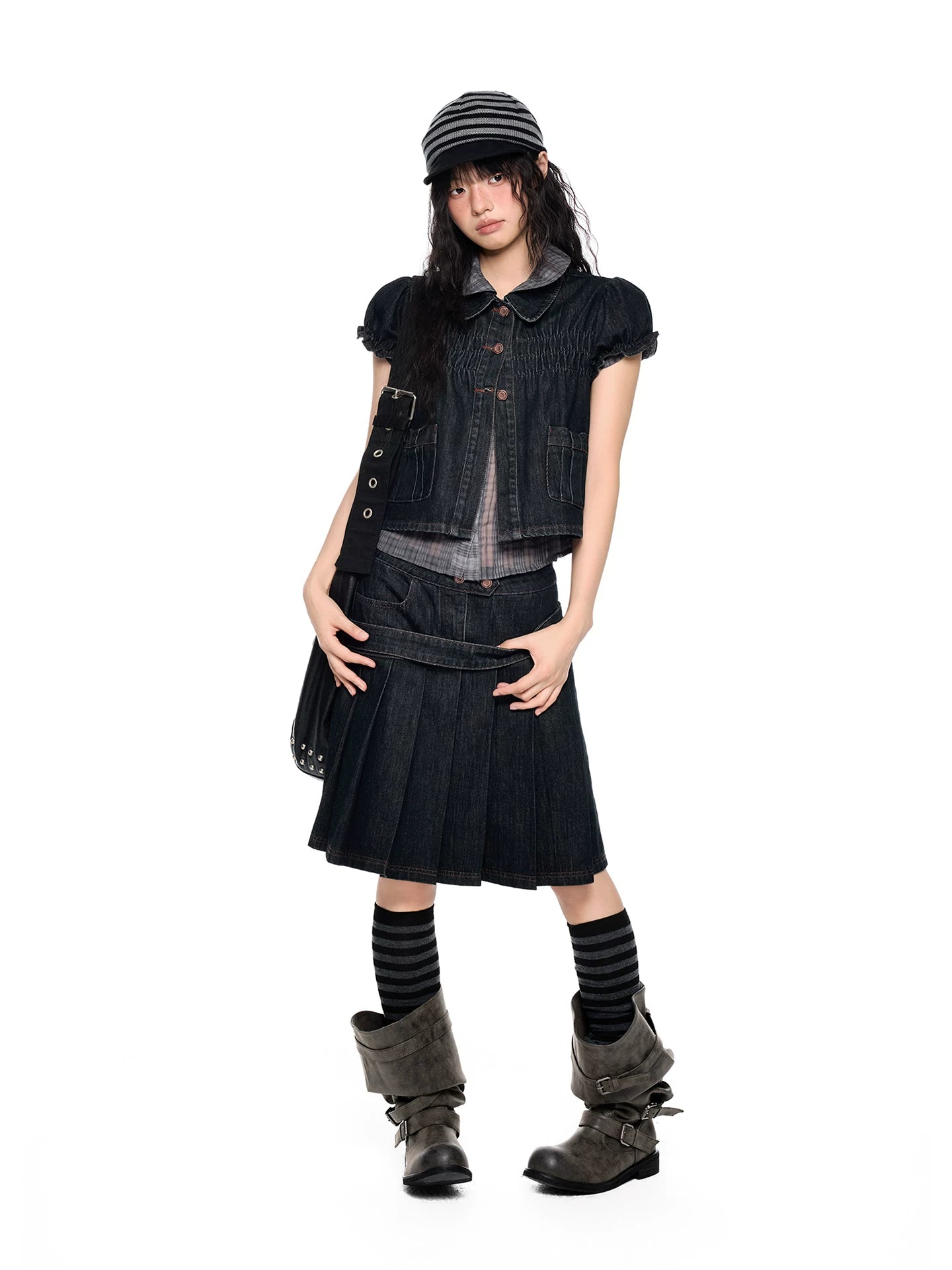 Vintage Peter Pan Collar Puff Sleeve Denim Set