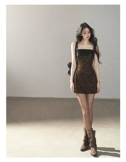 AOMALM - "Wildland Reverie" Slate Brown Leopard Print Fitted Cami Dress & Obsidian Black Shawl