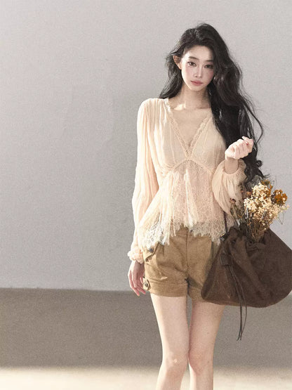 AOMALM - Blush Pink Lace-Trim Chiffon Blouse & Cami Set