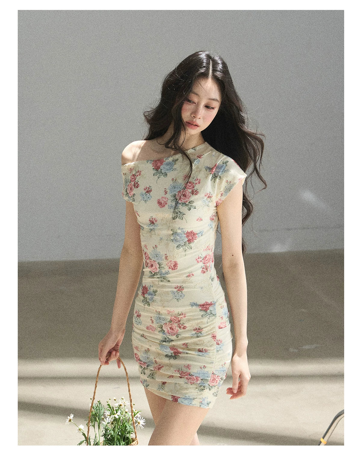 "Flowers & Sunlight" Dutch Cream Off-Shoulder Mesh Bodycon Mini Dress