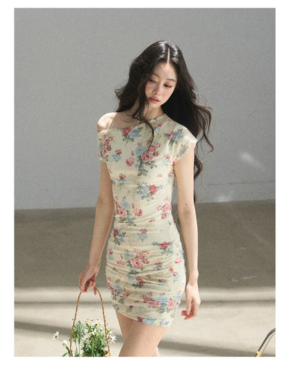 "Flowers & Sunlight" Dutch Cream Off-Shoulder Mesh Bodycon Mini Dress