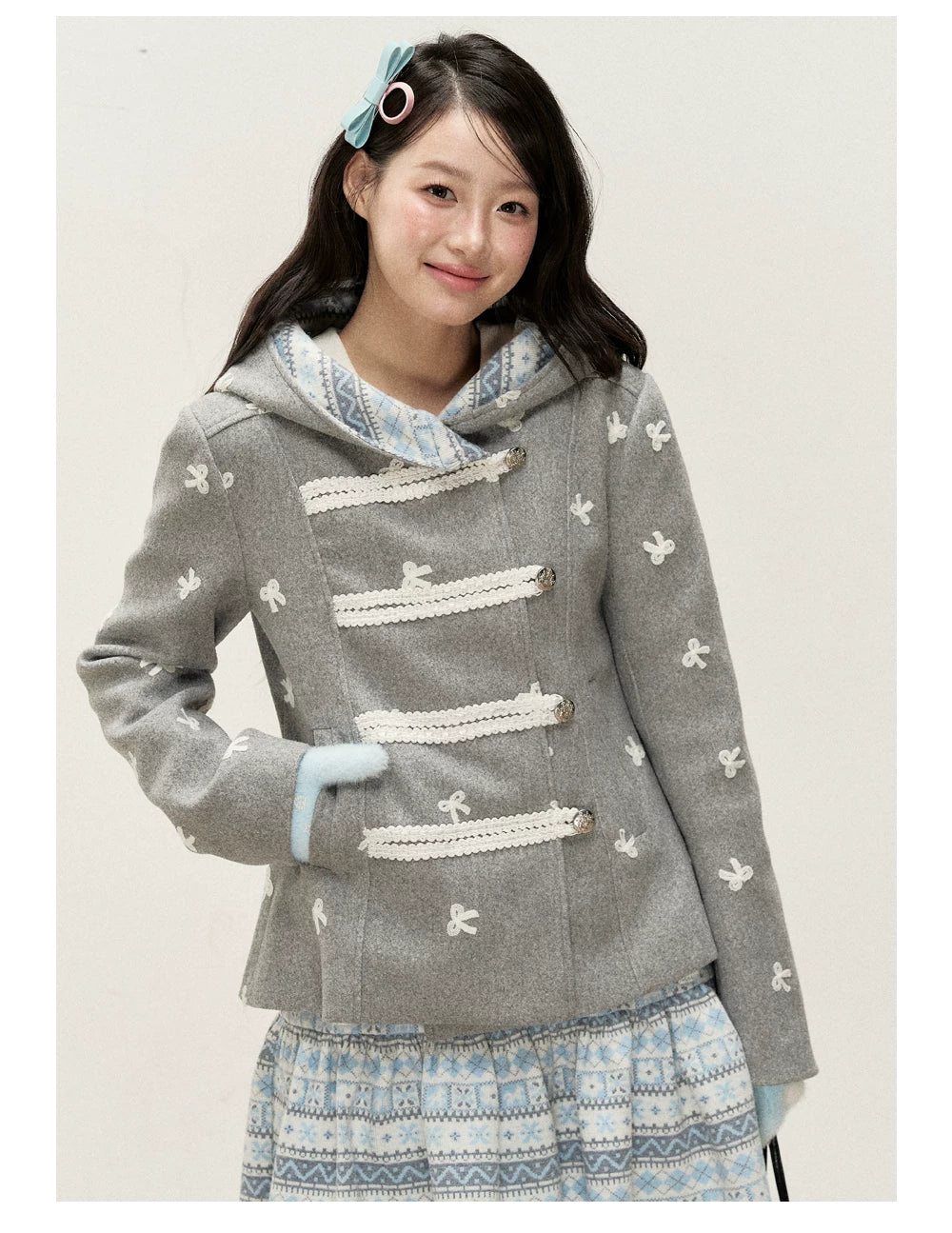 [RF] Heather Gray Vintage Jacquard Hooded Jacket with Frost Mist Blue Details