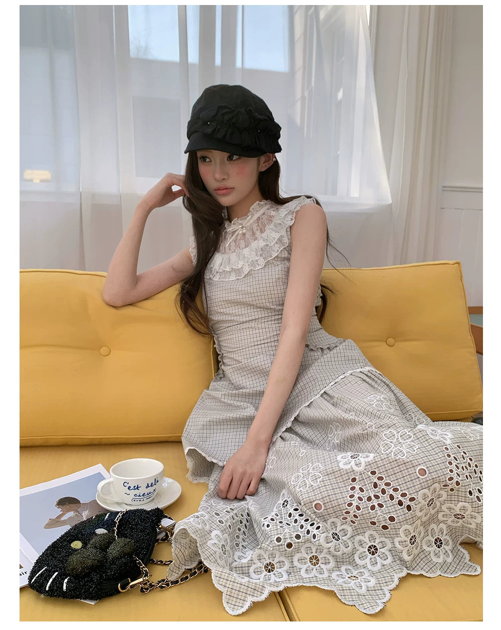 “Tea Garden Reverie” Light Apricot Plaid Embroidered Dress