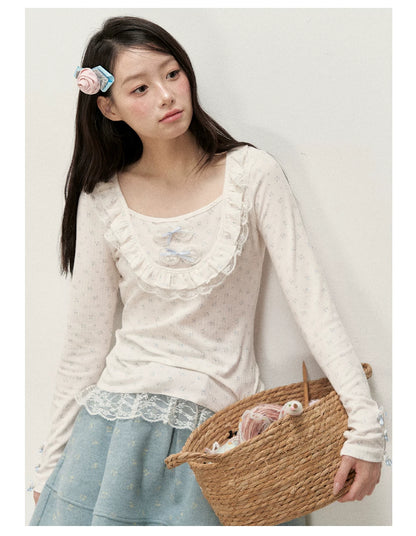 [RF] Cream Floral Peter Pan Collar Long-Sleeve Fitted Layering Top with Lace Details