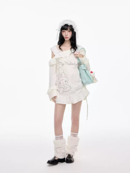 “Sweet Bloom” Ivory My Melody Asymmetric Oversized Top