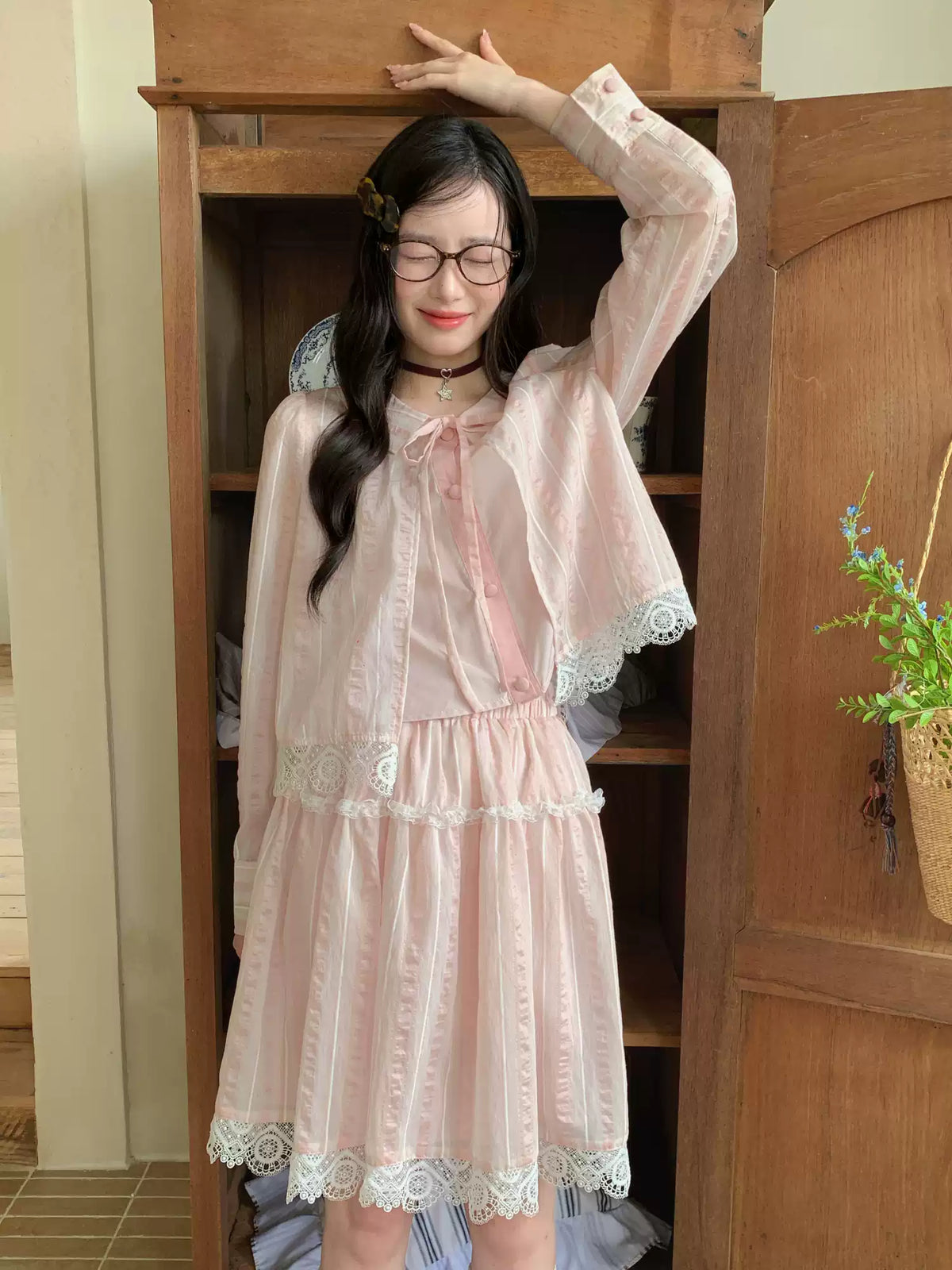 [RF] “Blush Cloud Reverie” Pink Lace-Trim Stripe Blouse & Skirt Set