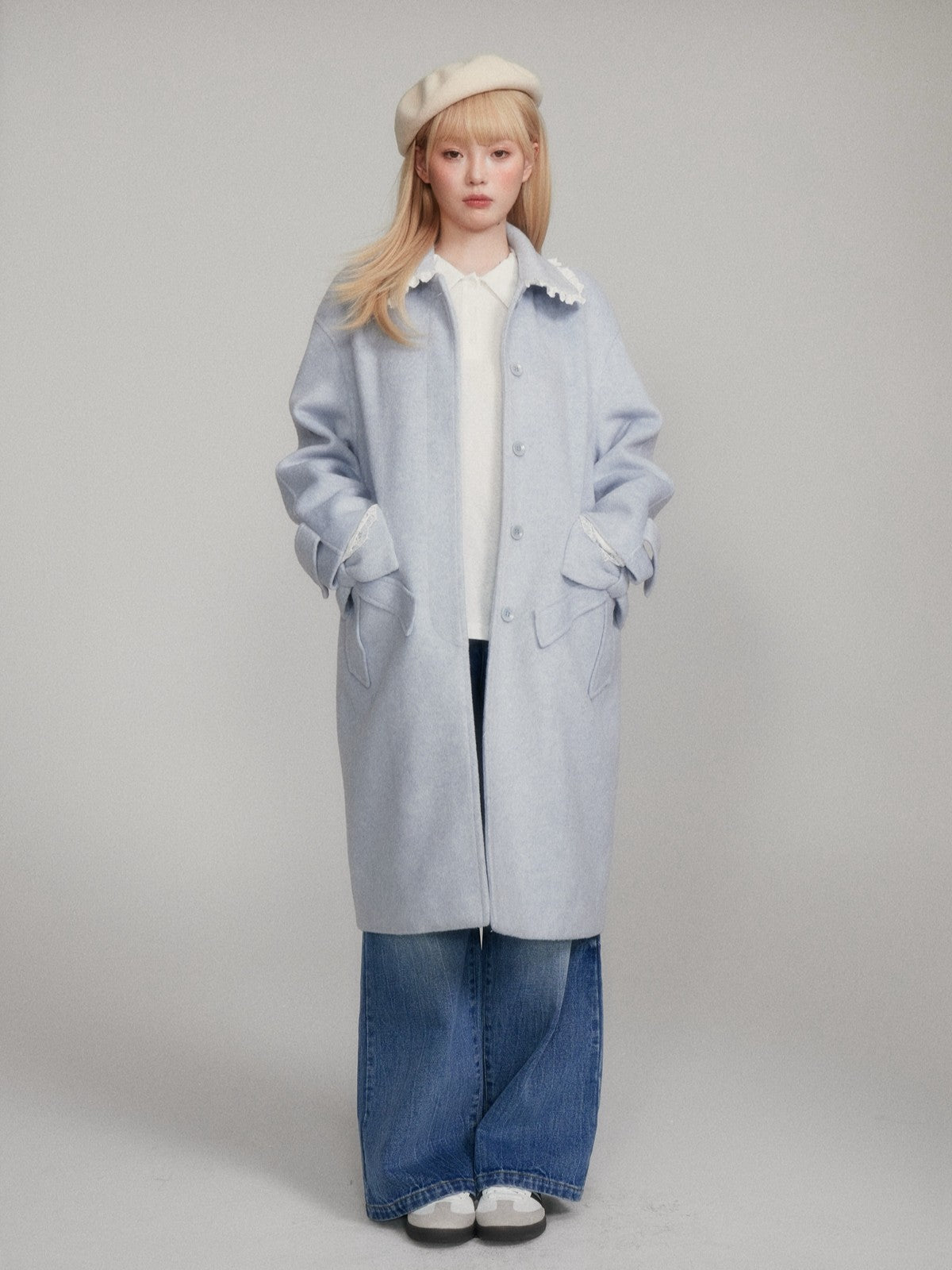 “Winter Cedar Lace Bow” Wool-Blend Loose-Shoulder Coat - Blue M6665