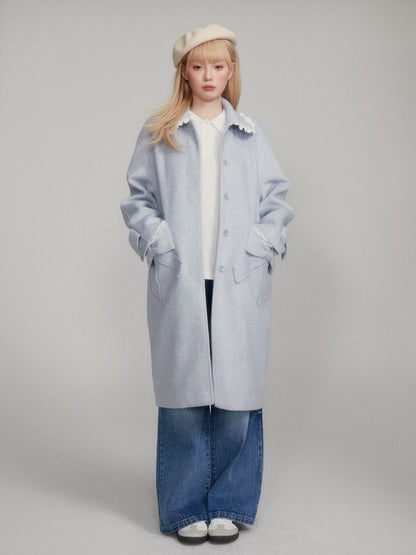 “Winter Cedar Lace Bow” Wool-Blend Loose-Shoulder Coat - Blue M6665