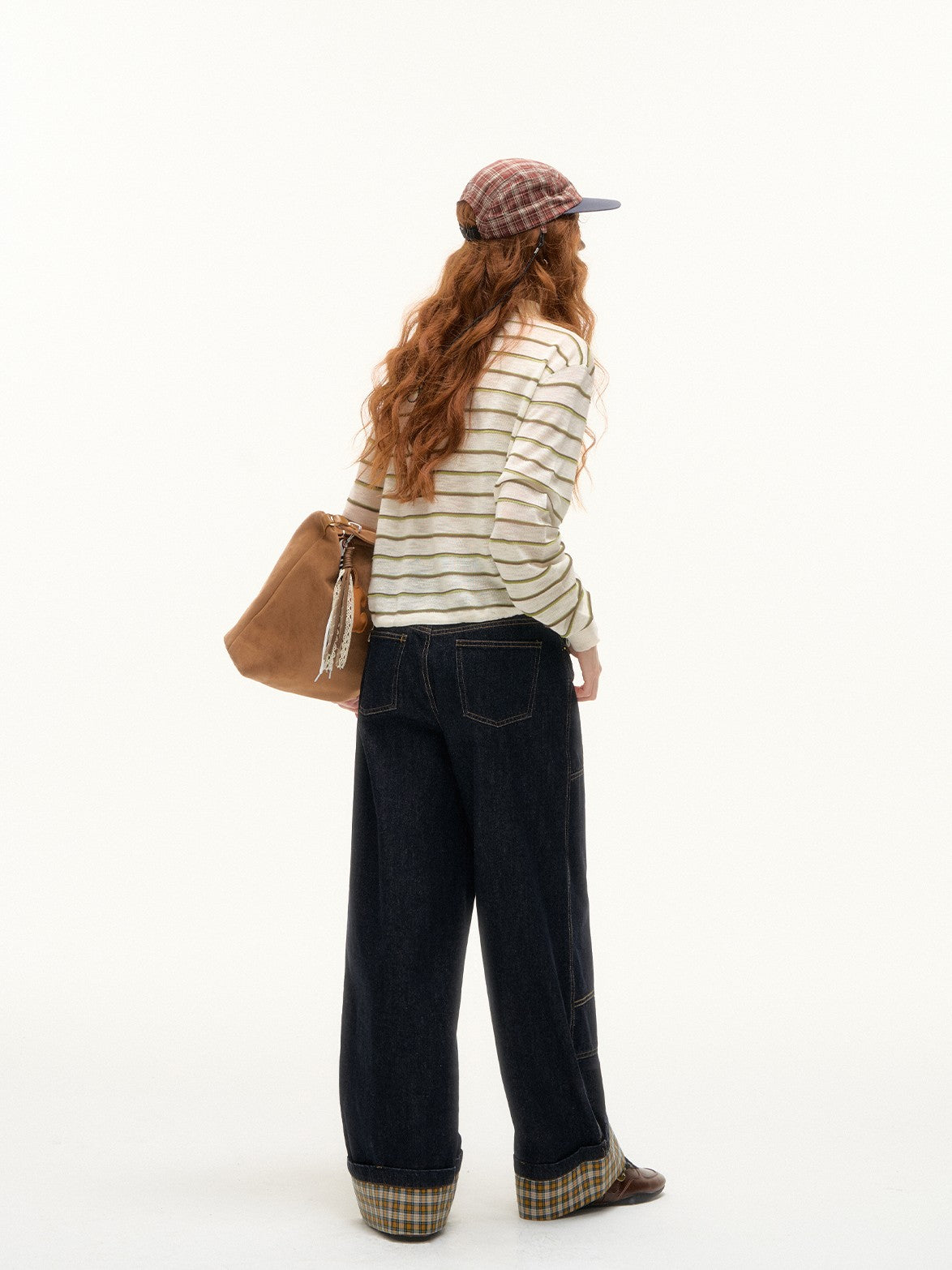 ASGONY - Plaid Cuff Contrast Wide-Leg Raw Denim Jeans (Yellow Plaid)
