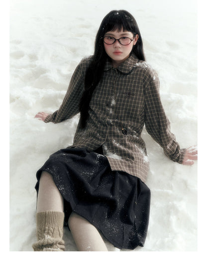 Horridale - Brown Khaki Plaid Embroidered Peter Pan Collar Shirt